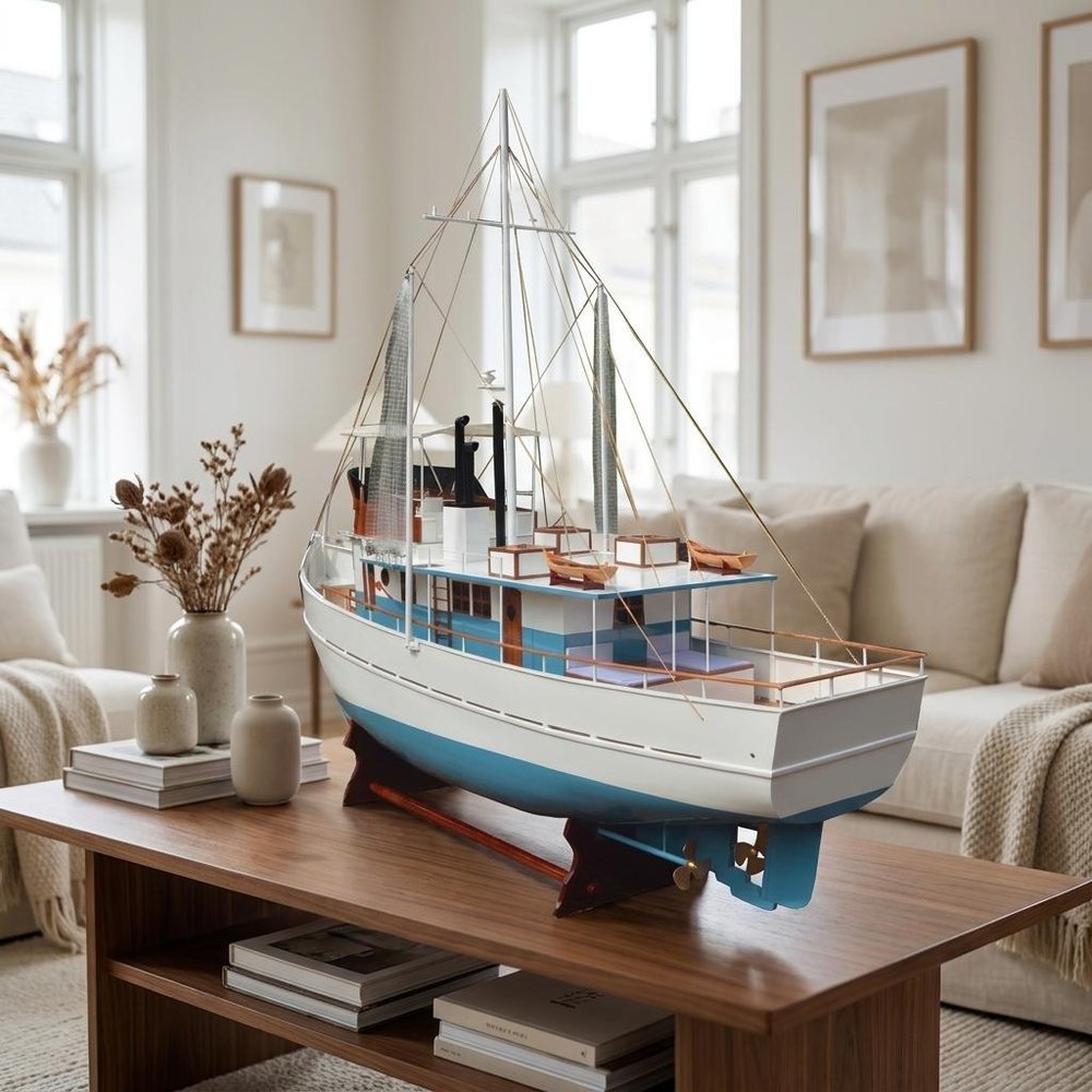 110" Blue And White Solid Wood Hand Painted Model Boat