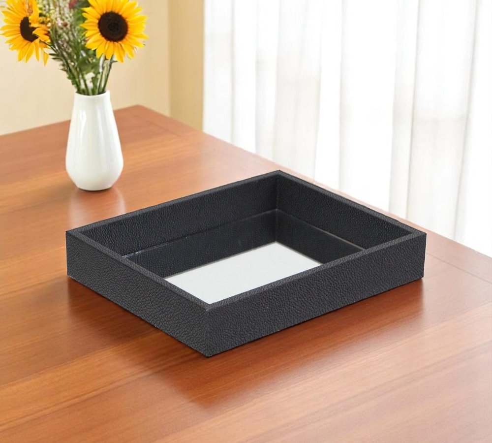 10" Black Faux Shagreen And Mirrored Glass Tray