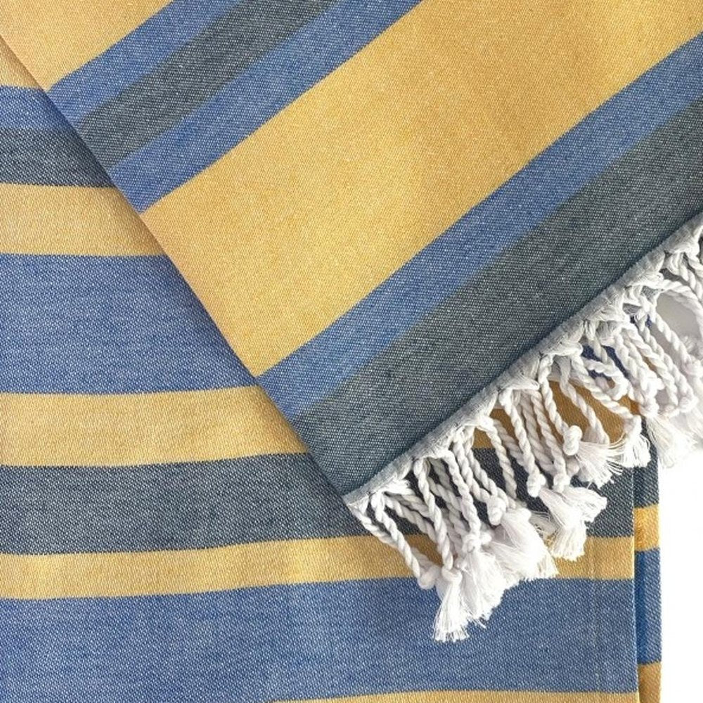 Denim Blue and Yellow Striped Turkish Towel Beach Blanket
