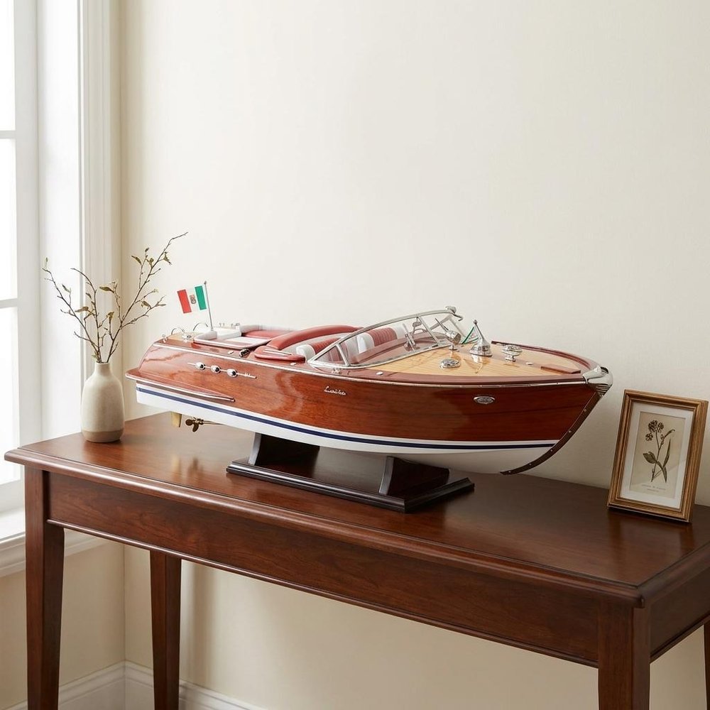 10" Brown Solid Wood Hand Painted Model Boat