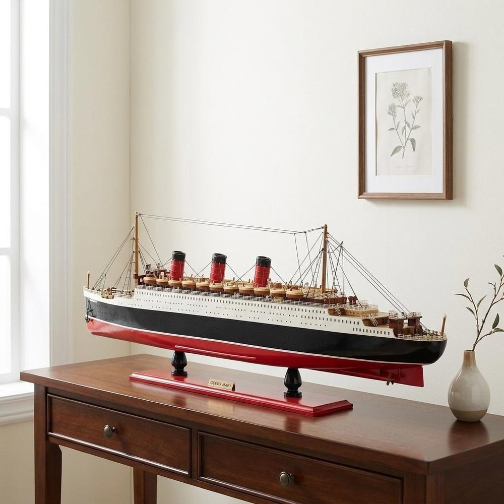 12" Black And Red Solid Wood Hand Painted Boat Model Boat