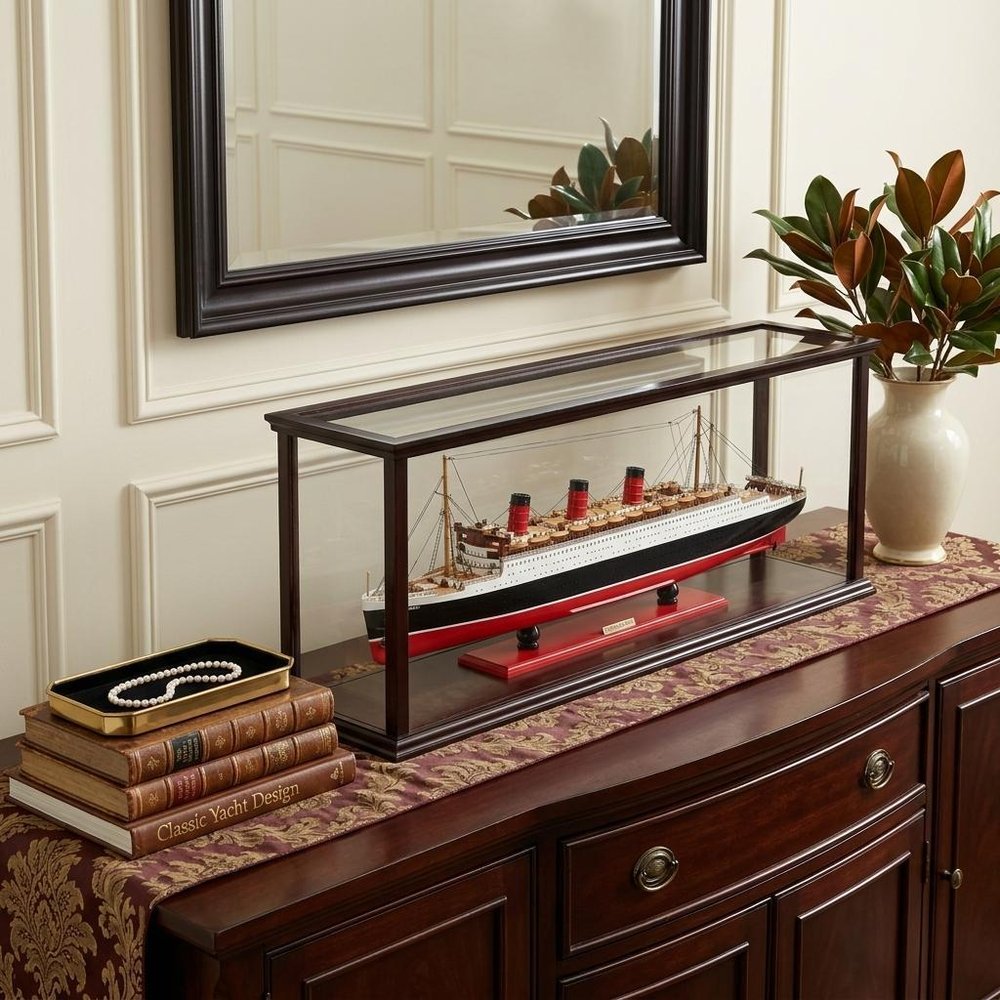 16" Black and Red Solid Wood Hand Painted RMS Queen Mary Medium Display Case Model Boat