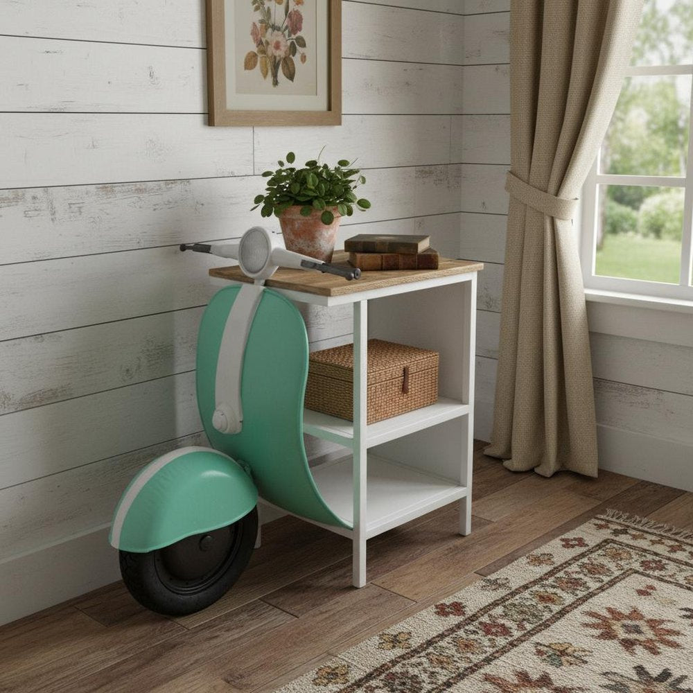 26" Green And White Novelty Scooter Open Cabinet with Two Shelves