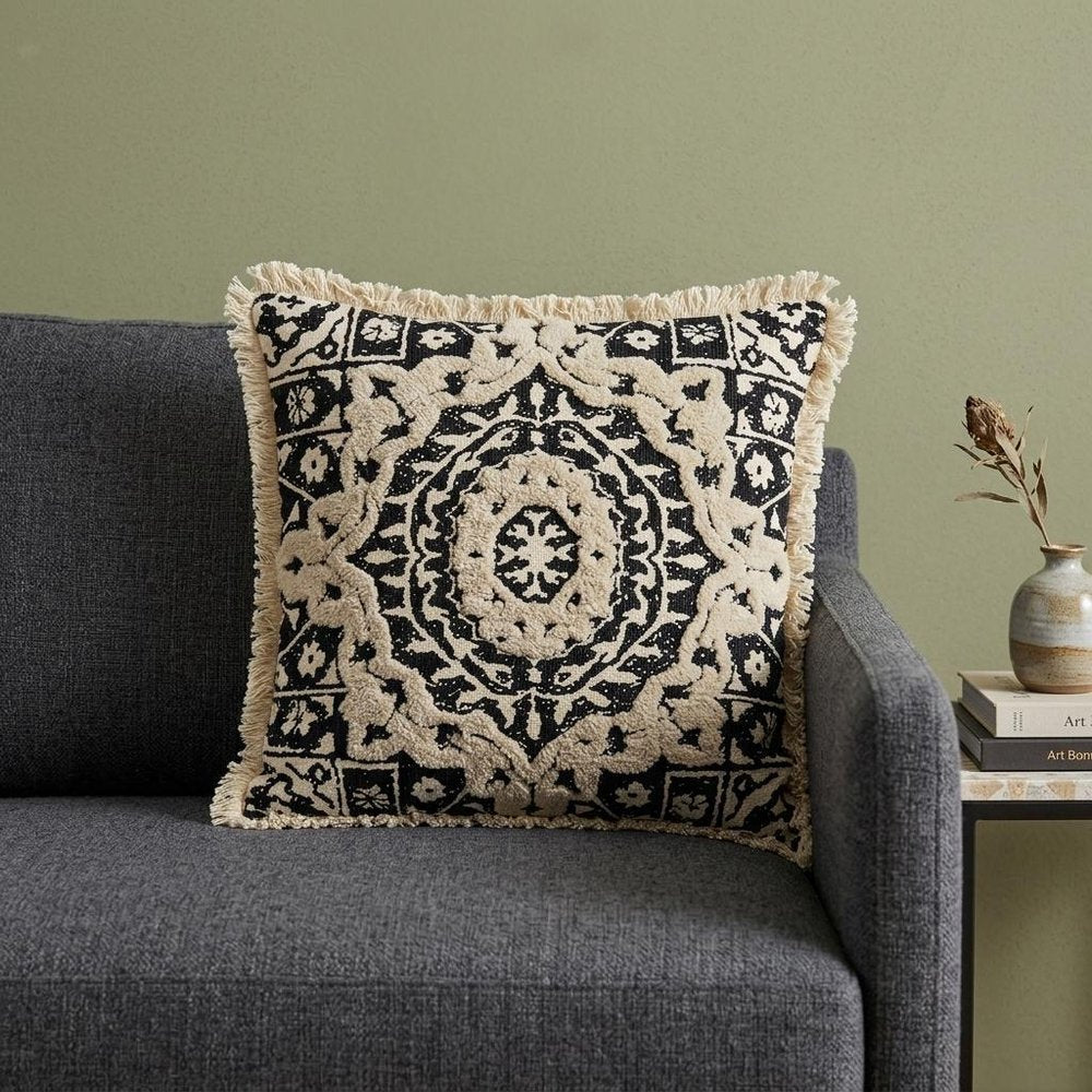 Boho Garland Beige and Black Decorative Accent Pillow