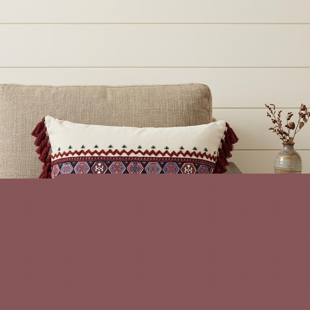 14" X 20" Blue Burgundy And Cream Abstract Cotton Blend Throw Pillow with Tassels