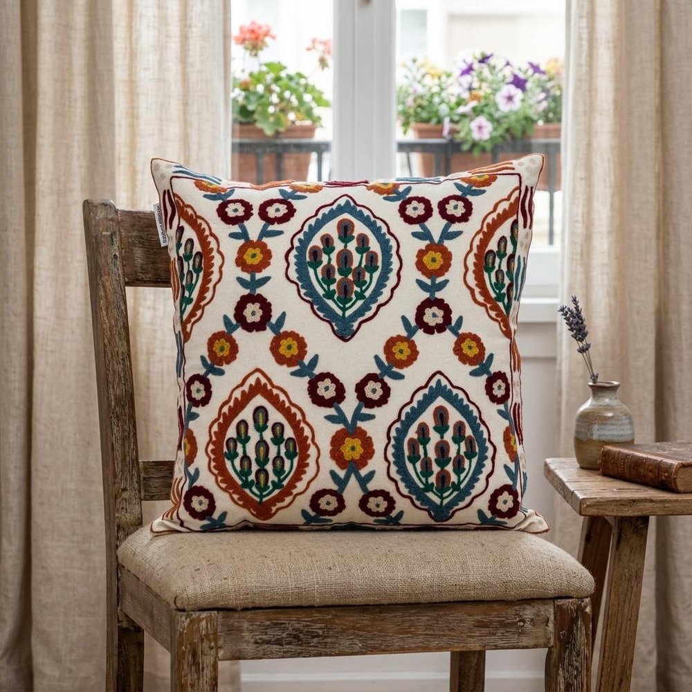 18" Beige Orange And Teal Floral Cotton Blend Throw Pillow with Embroidery