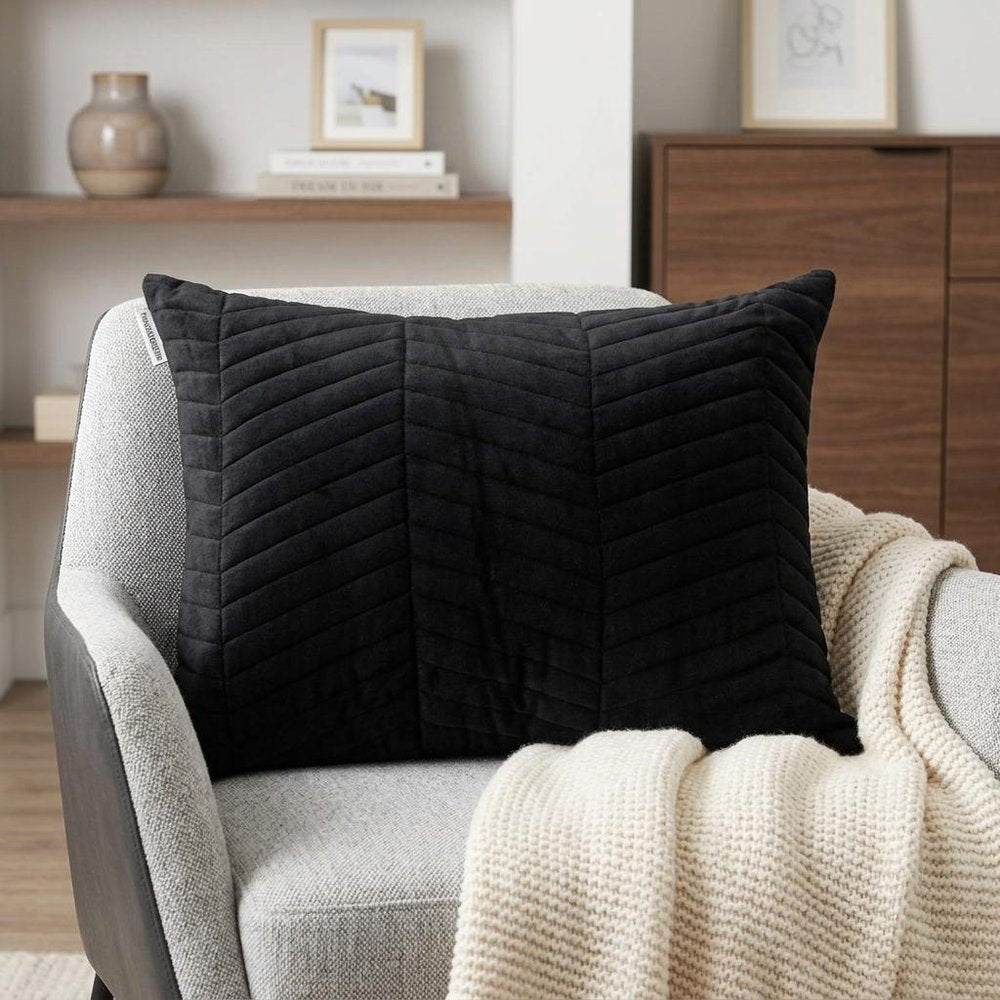 Black Quilted Velvet Zig Zag Decorative Lumbar Pillow
