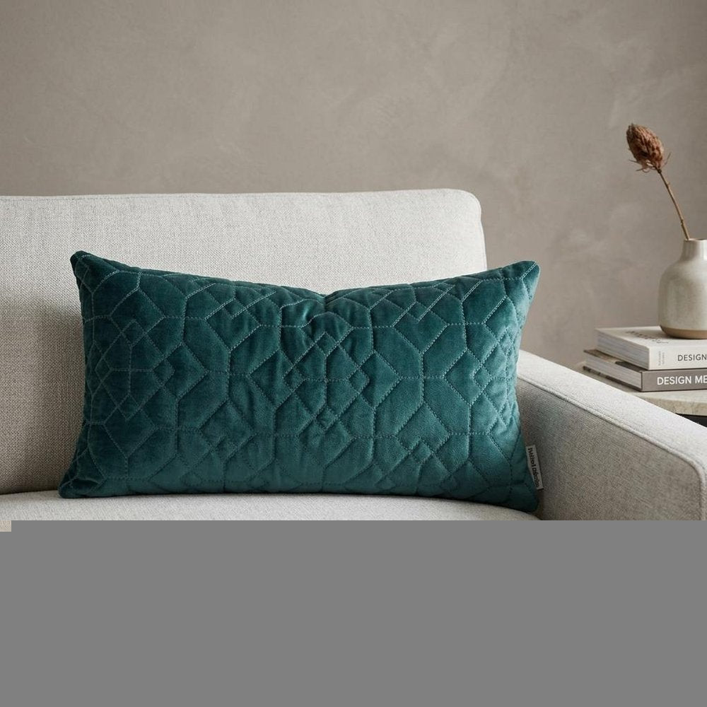 Teal Quilted Velvet Geo Lumbar Decorative Pillow