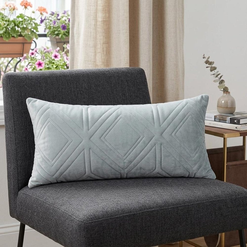 Gray Quilted Diamonds Velvet Solid Color Lumbar Pillow