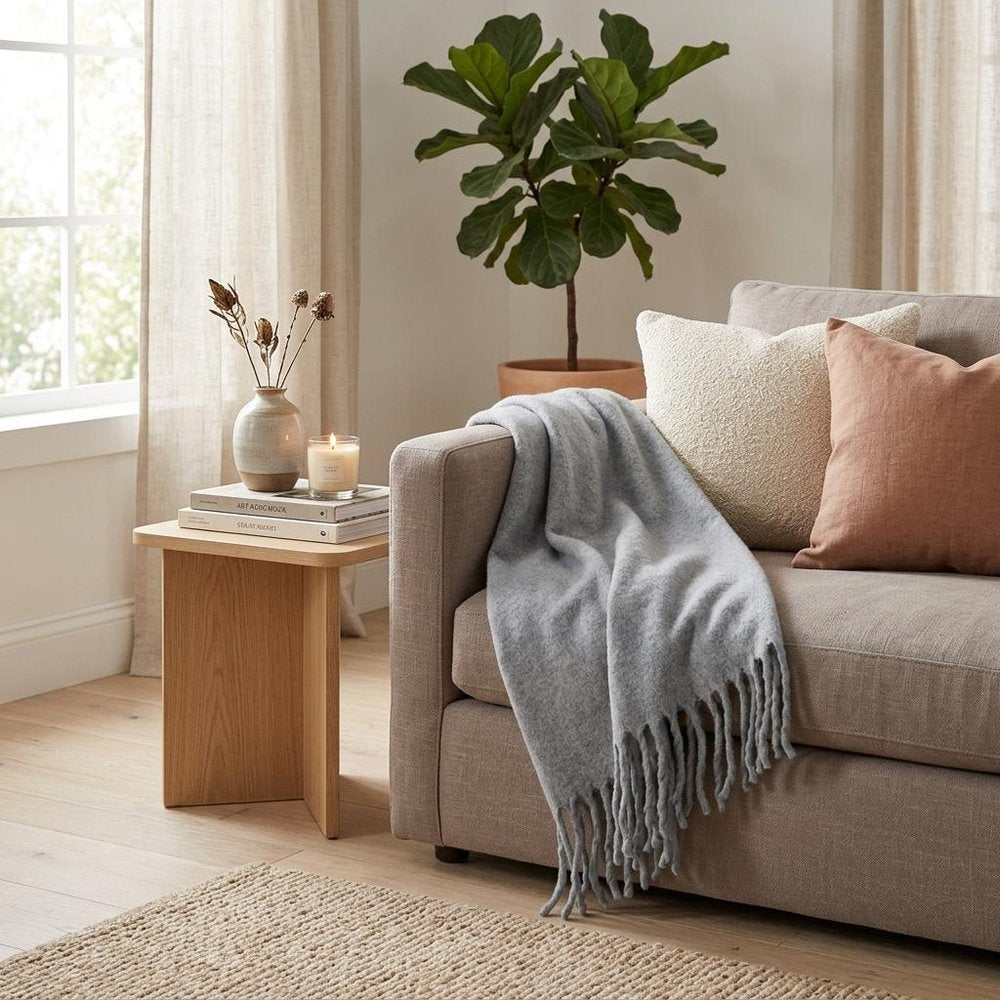 Gray Knitted Acrylic Solid Color Reversable Throw