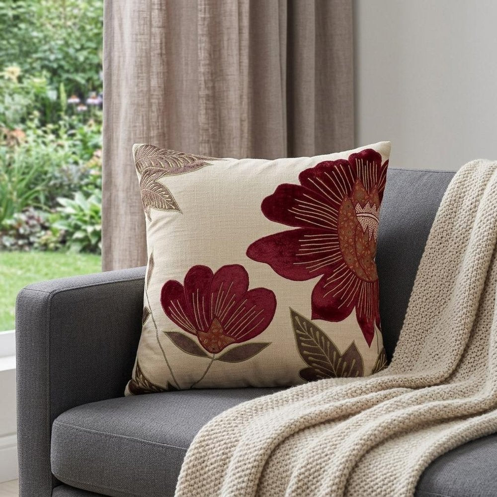 18" Beige and Red Floral Throw Pillow With Embroidery