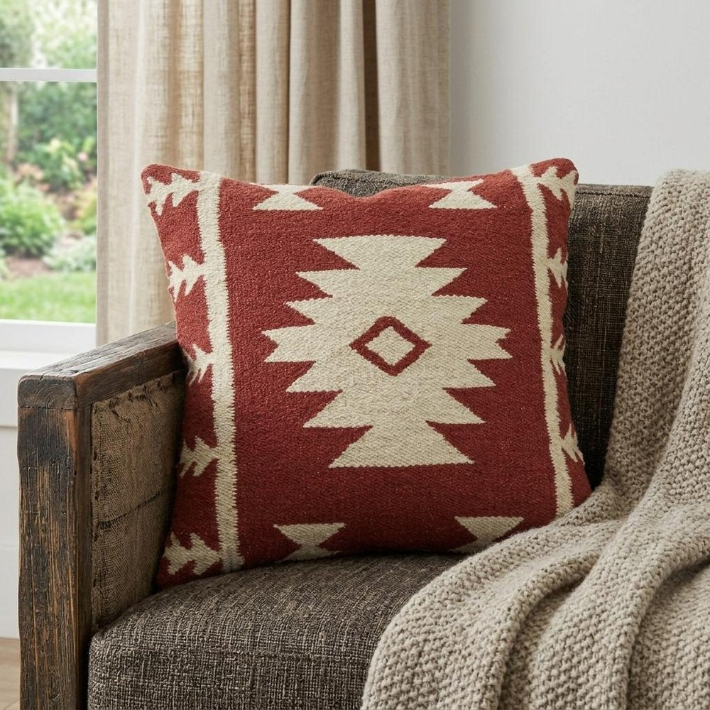 18" Red and Beige Cotton Throw Pillow