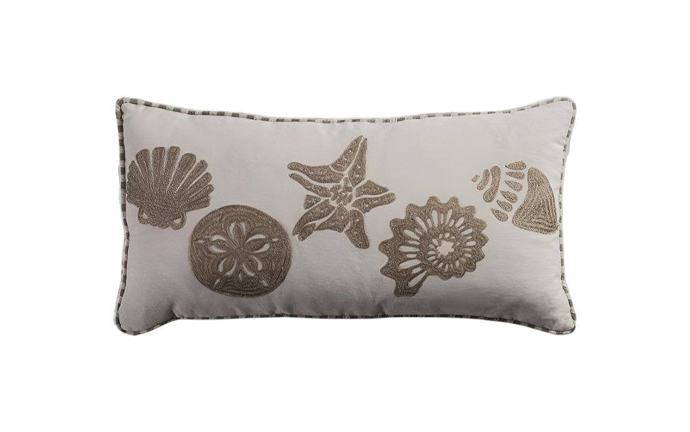 11" X 21" Beige and Khaki Seashells Cotton Throw Pillow with Embroidery