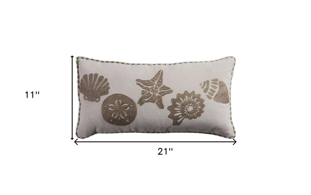 11" X 21" Beige and Khaki Seashells Cotton Throw Pillow with Embroidery