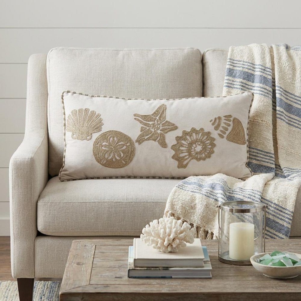 11" X 21" Beige and Khaki Seashells Cotton Throw Pillow with Embroidery