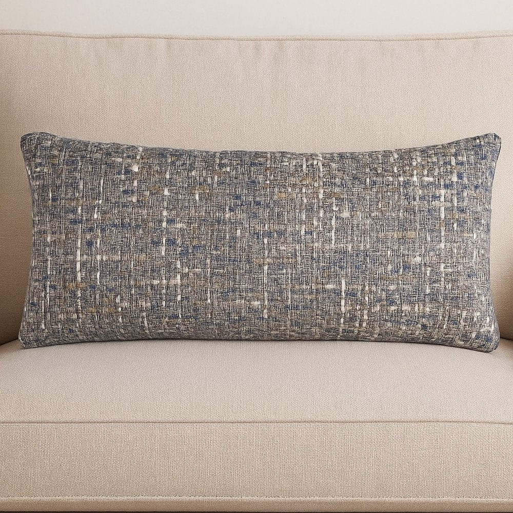 14" X 26" Blue Gray And Beige Nubby Cotton Lumbar Throw Pillow With Texture