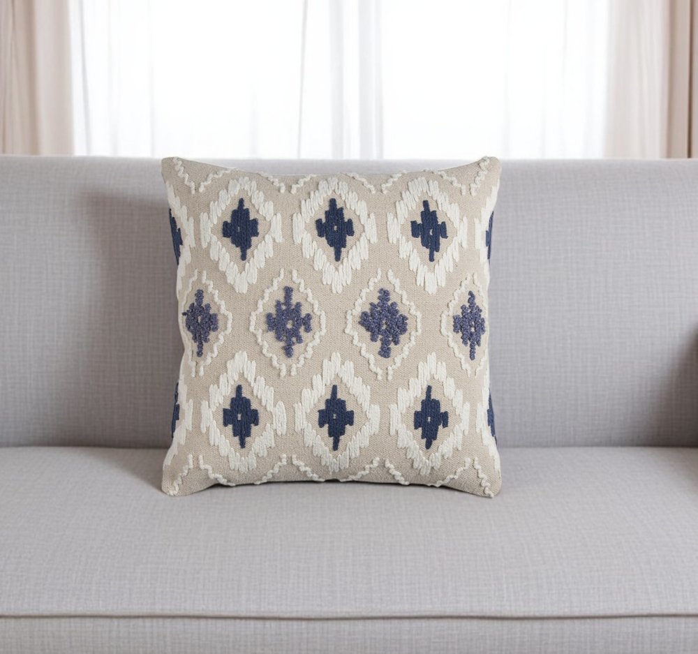 Navy Beige Classic Ikat Pattern Throw Pillow