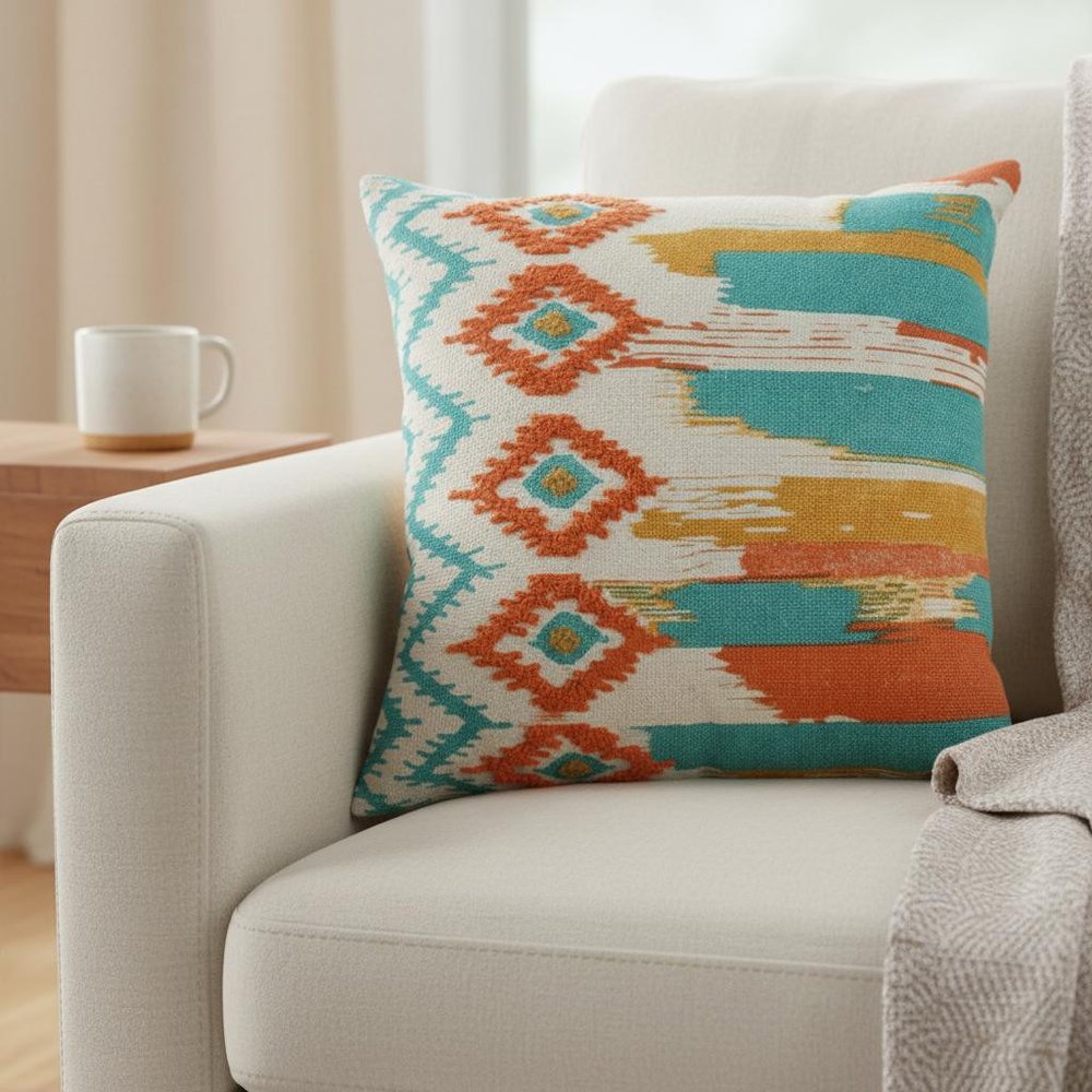 20" X 20" Ivory Blue and Orange Ikat Cotton Zippered Pillow With Embroidery