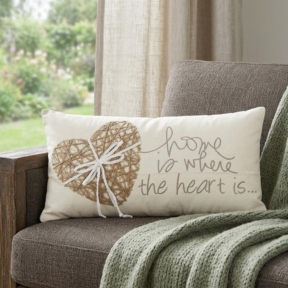 11" X 21" Ivory Home is Where the Heart Is Throw Pillow With Embroidery