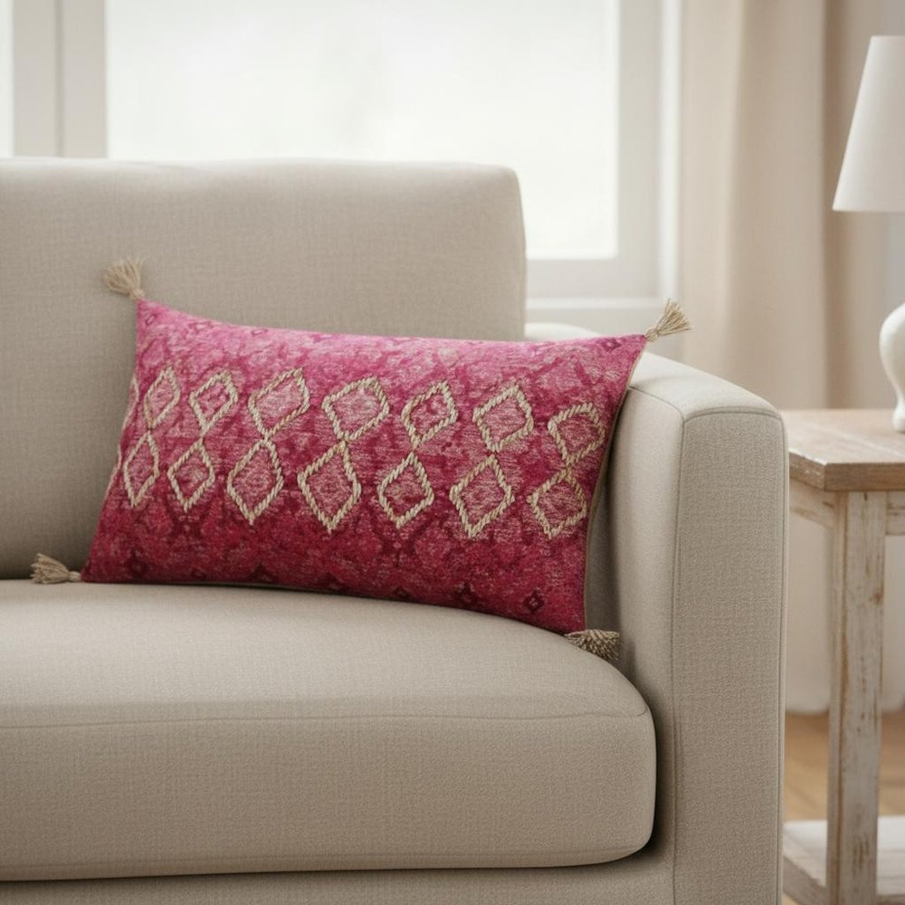 Pink Textured Diamond Velvety Lumbar Pillow