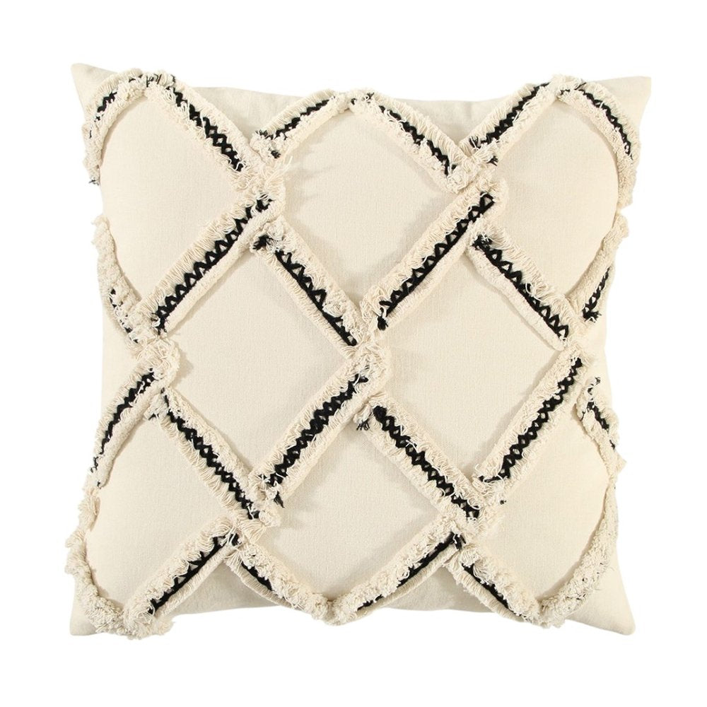 18" Cream and Black Textured Lattice Throw Pillow