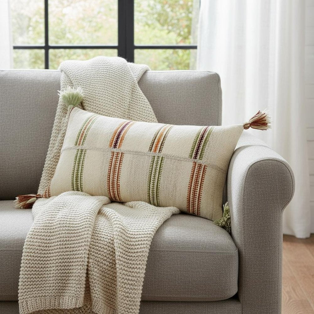 Cream Accent Striped Boho Chic Lumbar Pillow