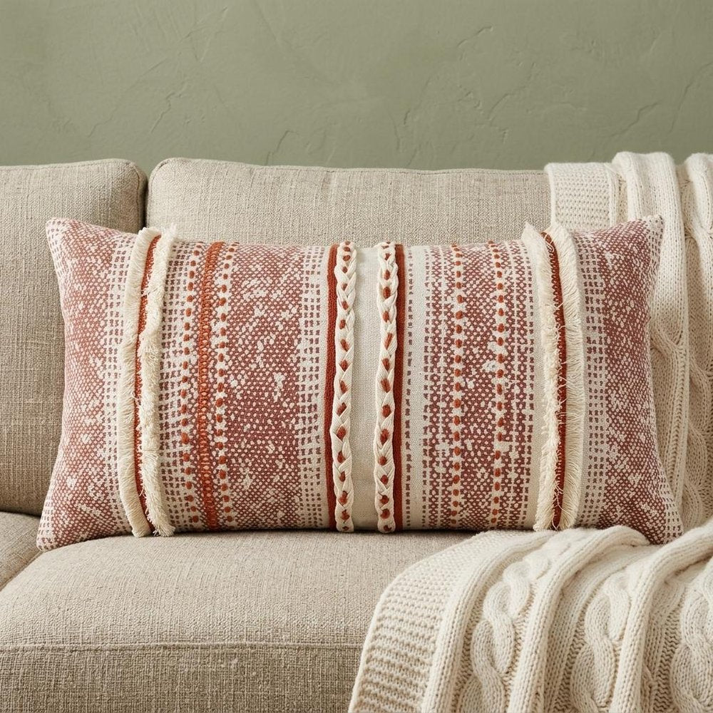 14" X 26" Natural And Russet Lumbar Striped Cotton Throw Pillow with Texture