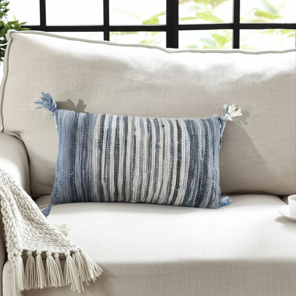 14" X 26" Denim Blue And Ivory Cotton Throw Pillow with Tassels And Texture