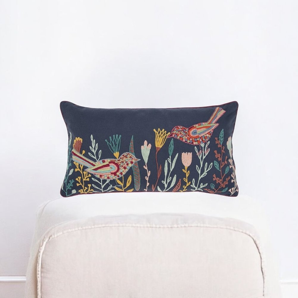 Blue Botanical and Bird Embroidered Lumbar Pillow