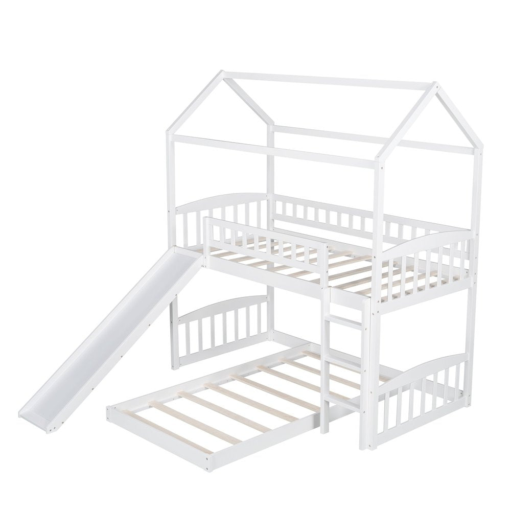 White Playhouse Frame Full Over Full Perpendicular Bunk Bed with Slide