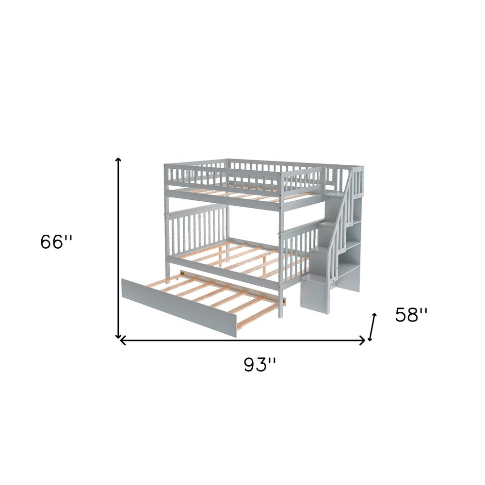 Gray Full Over Full Farmhouse Style Bunk Bed with Trundle and Staircase