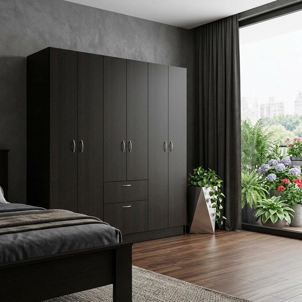 71" Black Wood Six Door Two Drawer Combo Dresser