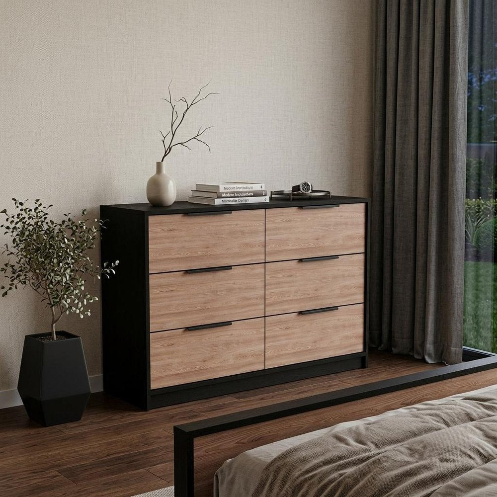 42" Brown And Black Wood Four Drawer Dresser