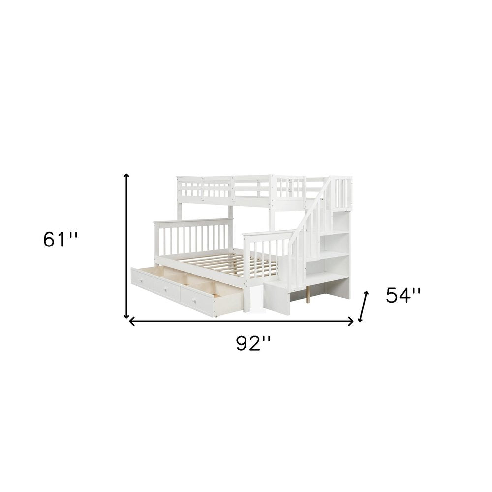 White Twin Over Full Contemporary Bunk Bed With Stairs And Shelves