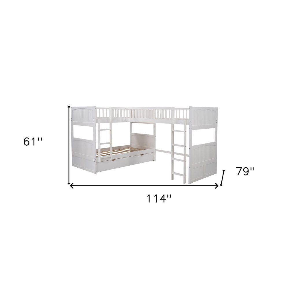 White Twin Size Bunk Bed with attached Loft Bed and Drawers