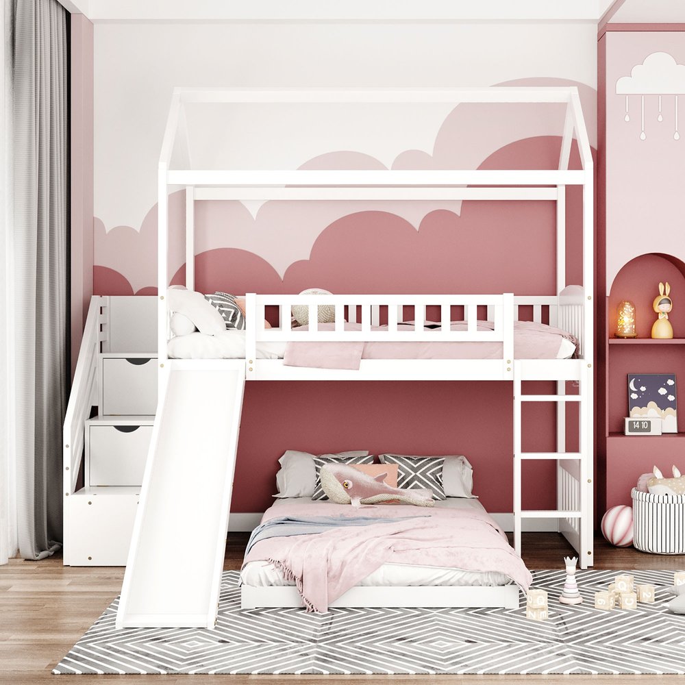 White Twin Over Twin PlayHouse Perpendicular Bunk Bed with Slide