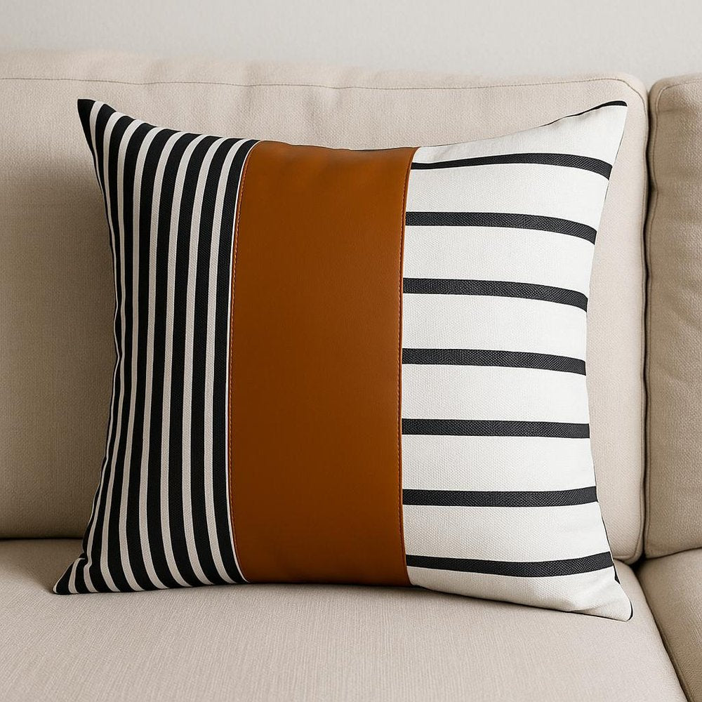 24" X 24" Brown and White Faux Leather Striped Zippered Pillow Cover