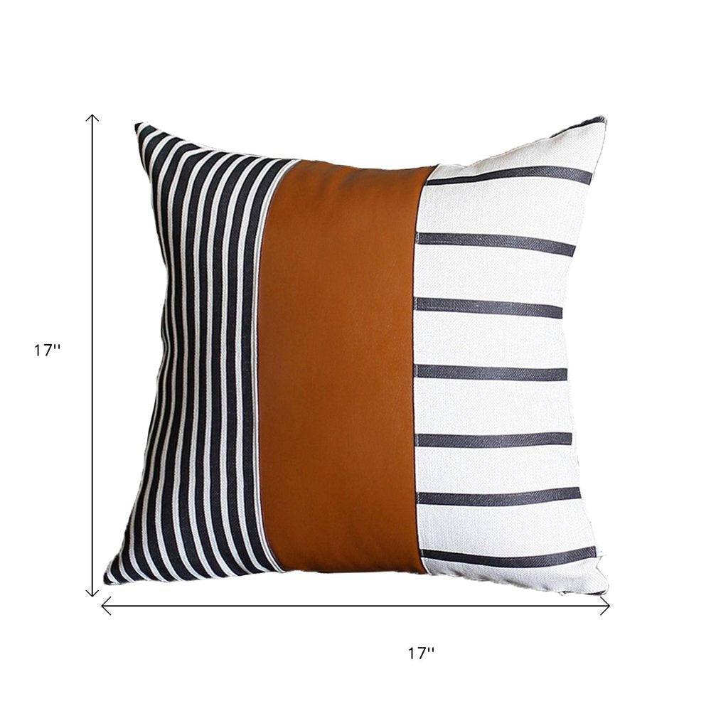 Set Of Two 17" X 17" Brown and White Faux Leather Striped Zippered Pillow Cover