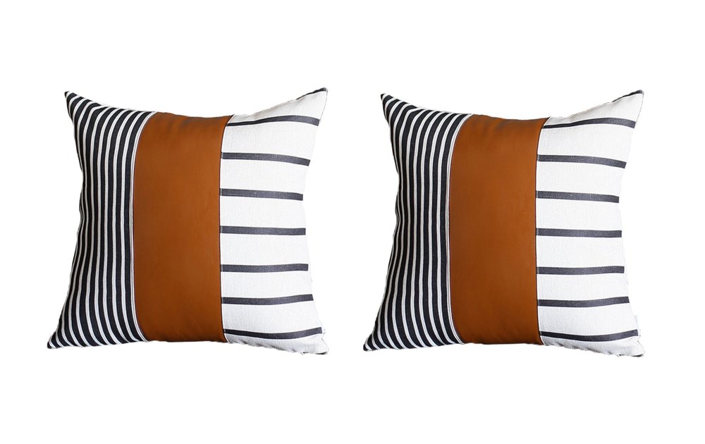 Set Of Two 17" X 17" Brown and White Faux Leather Striped Zippered Pillow Cover