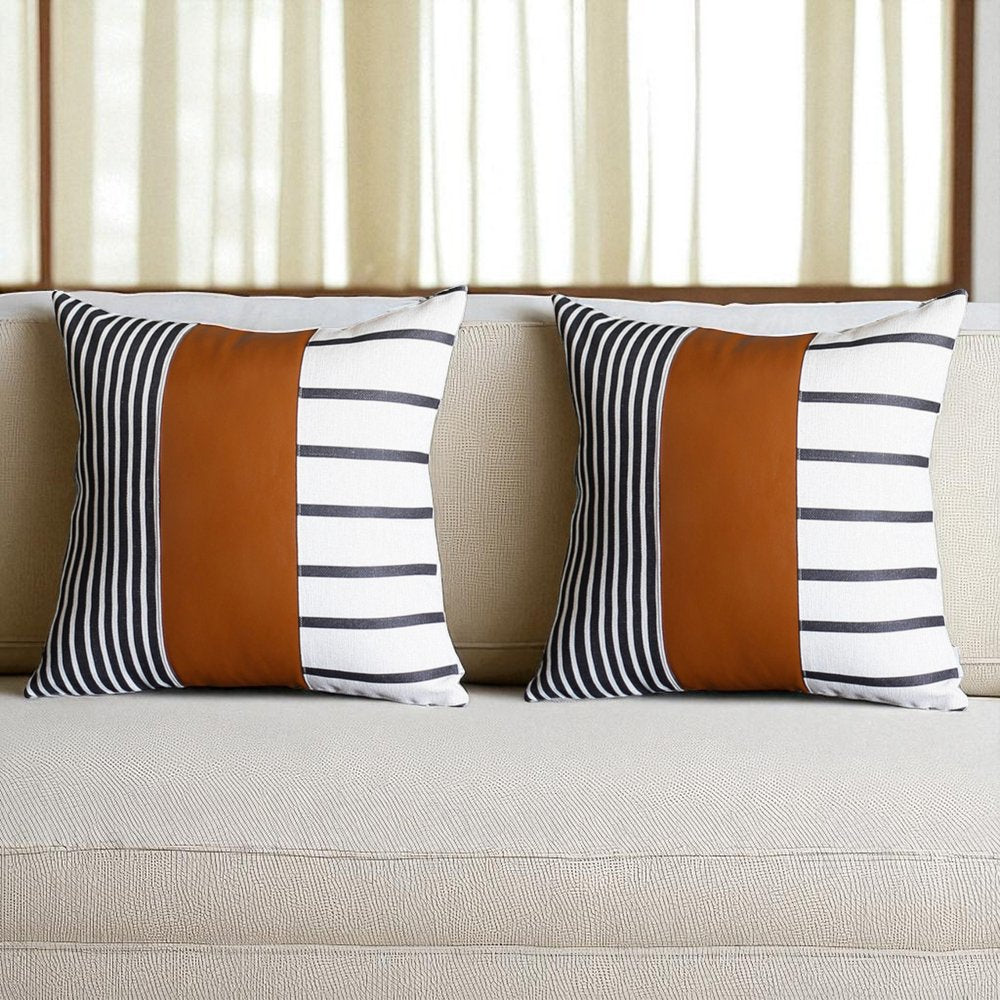Set Of Two 17" X 17" Brown and White Faux Leather Striped Zippered Pillow Cover