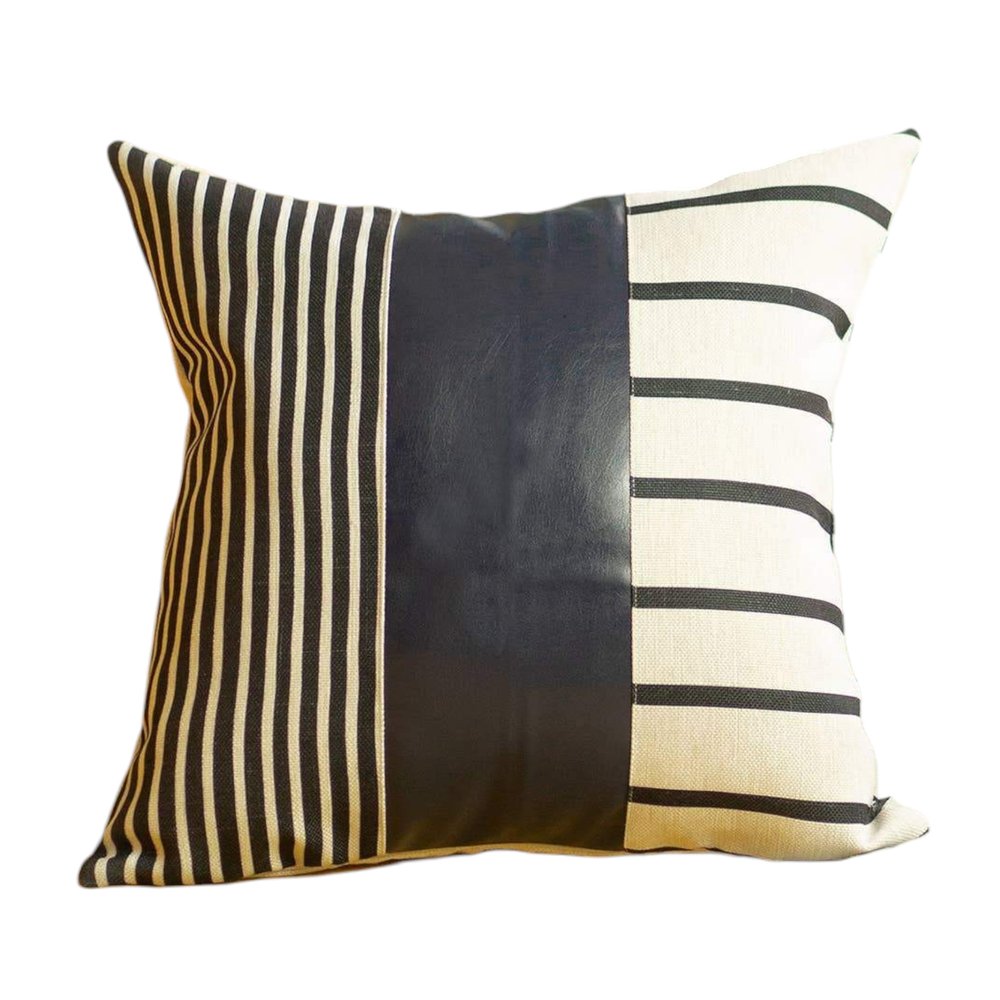 Set of Two 22" X 22" Navy Blue Striped Faux Leather Zippered Pillow Cover