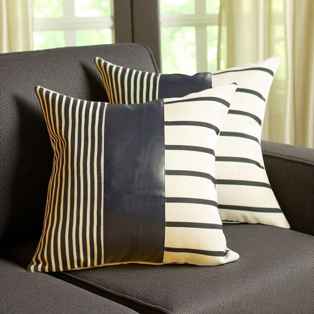 Set of Two 22" X 22" Navy Blue Striped Faux Leather Zippered Pillow Cover