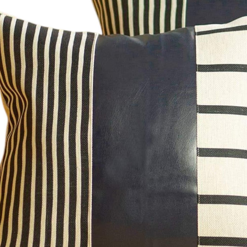 Set of Two 22" X 22" Navy Blue Striped Faux Leather Zippered Pillow Cover