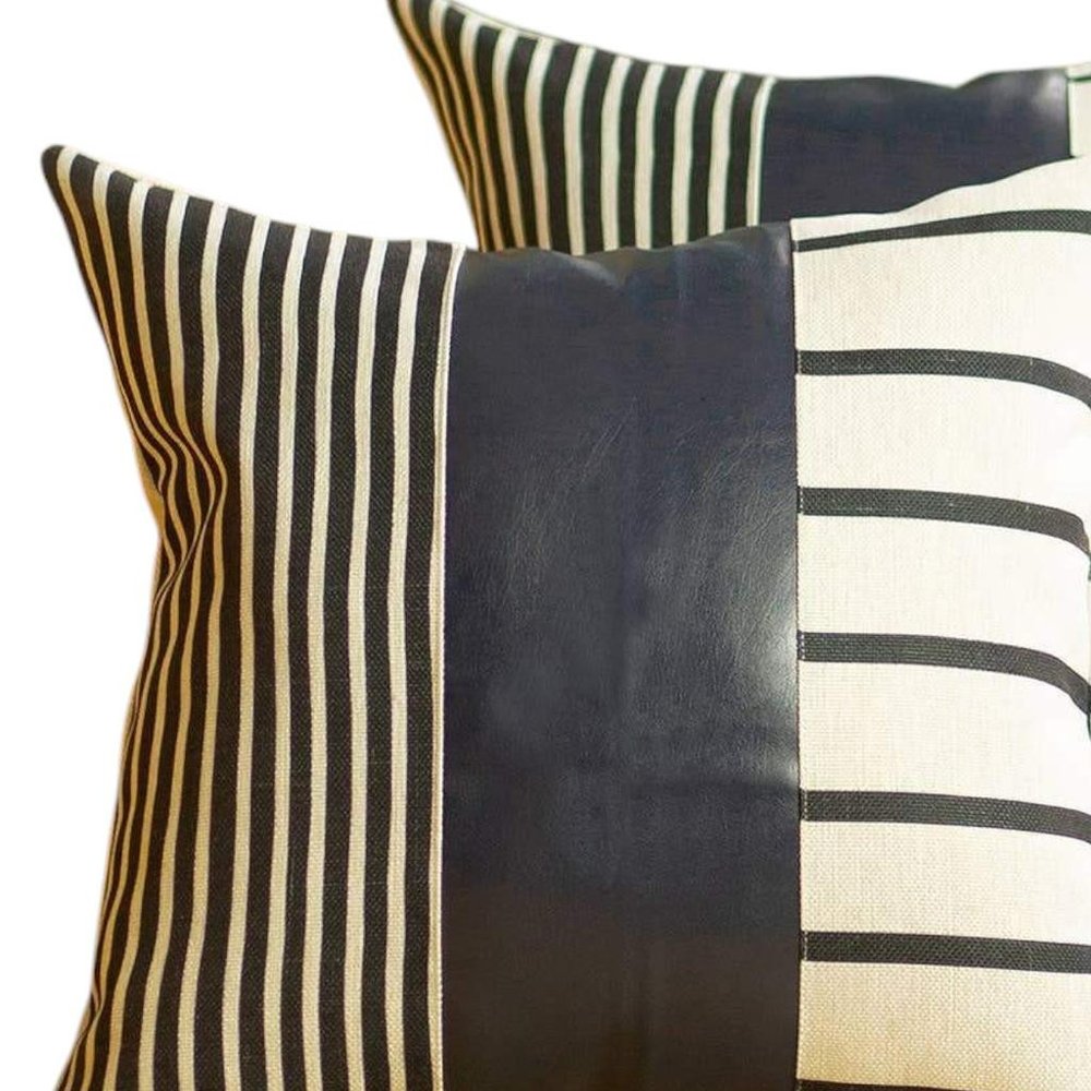 Set of Two 22" X 22" Navy Blue Striped Faux Leather Zippered Pillow Cover