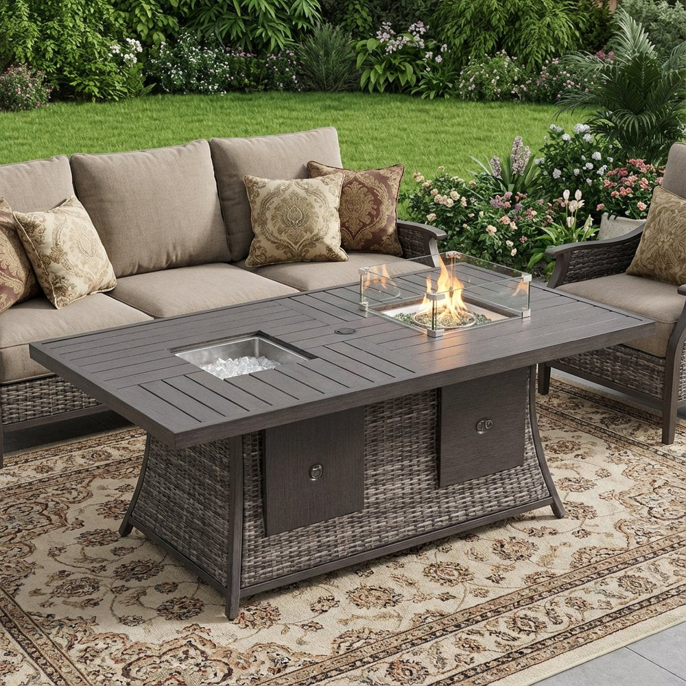 Gray Wicker Outdoor Gas Fire Pit Table with Ice Bucket
