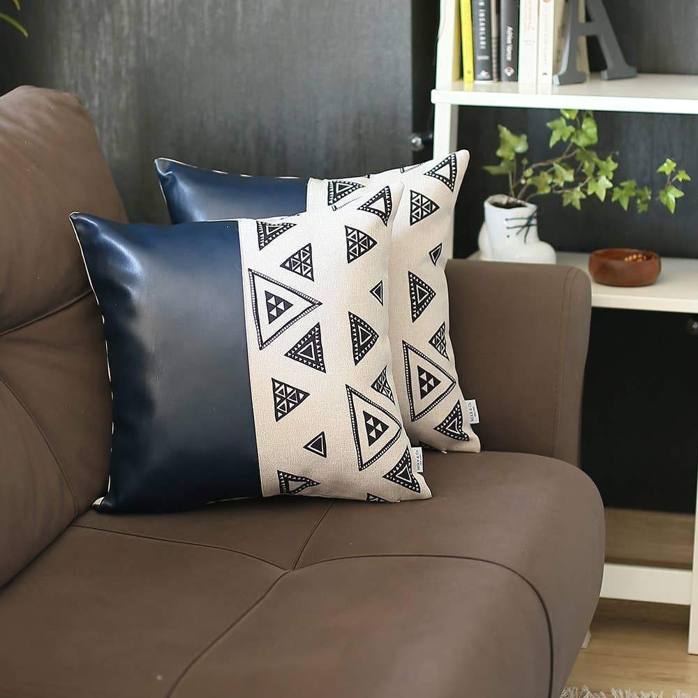 Set of Two 17" Black and White Geometric Fabric and Faux Leather Throw Pillow Covers