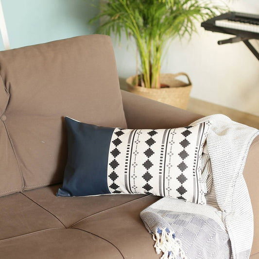 12" X 20" Black and White Diamond Fabric and Faux Leather Lumbar Throw Pillow Cover