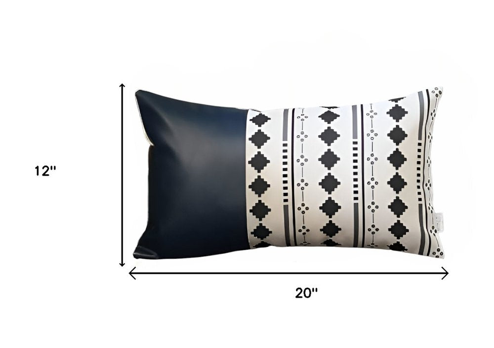 12" X 20" Black and White Diamond Fabric and Faux Leather Lumbar Throw Pillow Cover