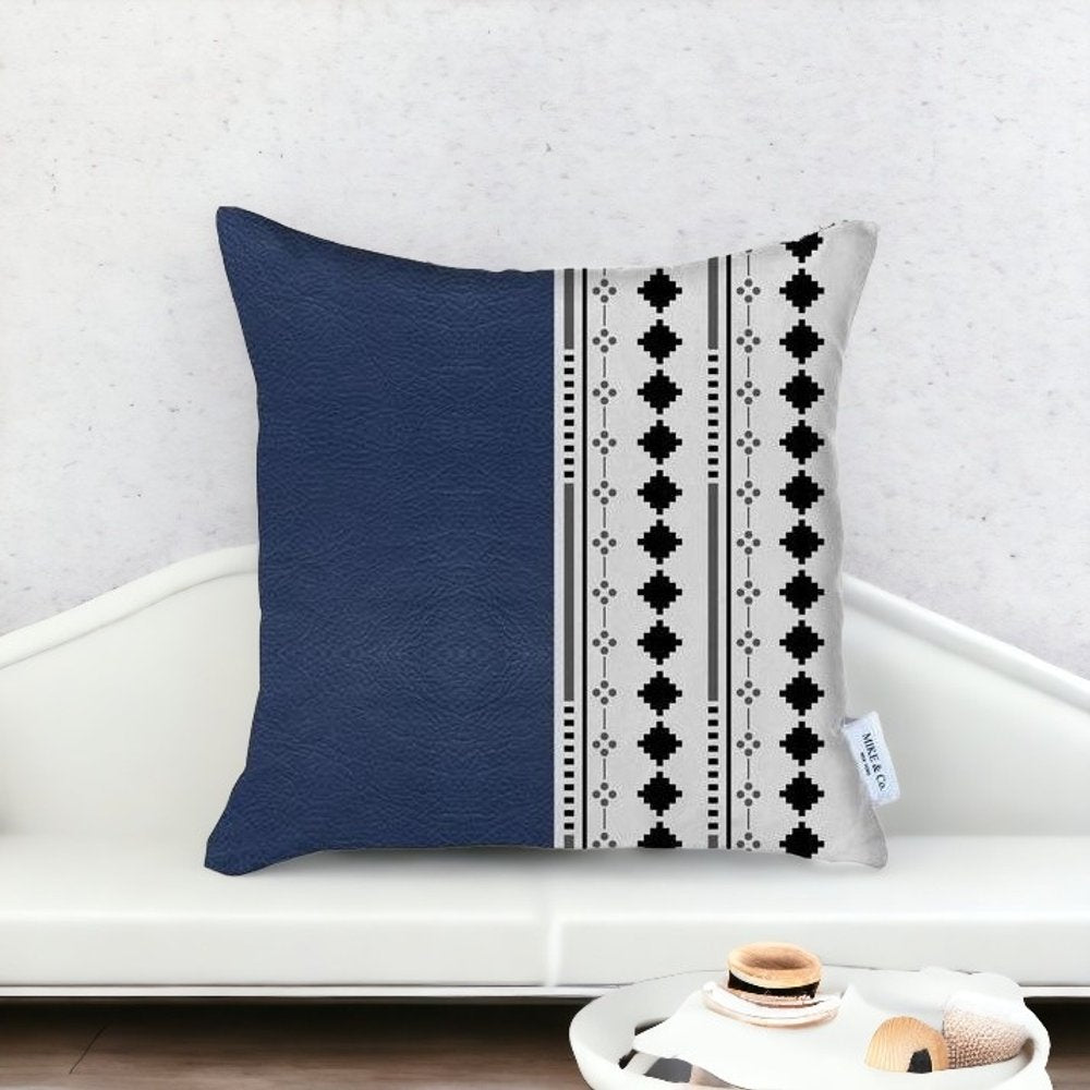 17" X 17" Navy Blue Diamond Zippered Handmade Faux Leather Throw Pillow Cover