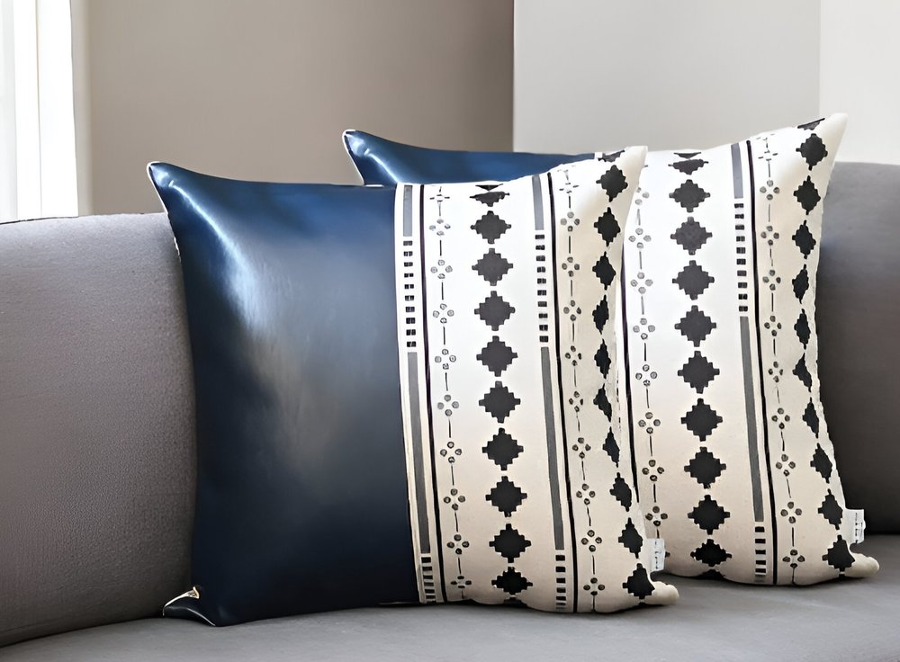 Set of Two 17" Navy Blue Diamond Fabric and Faux Leather Throw Pillow Covers